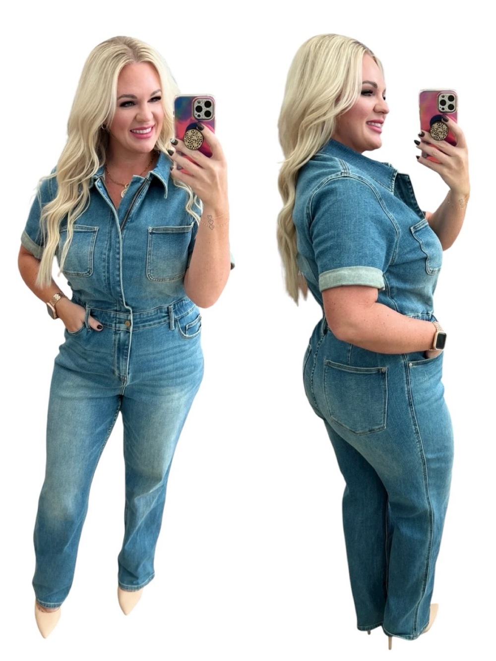 Judy Blue Denim Short Sleeve Jumpsuit Straight Leg Medium Wash Straight XL NWT